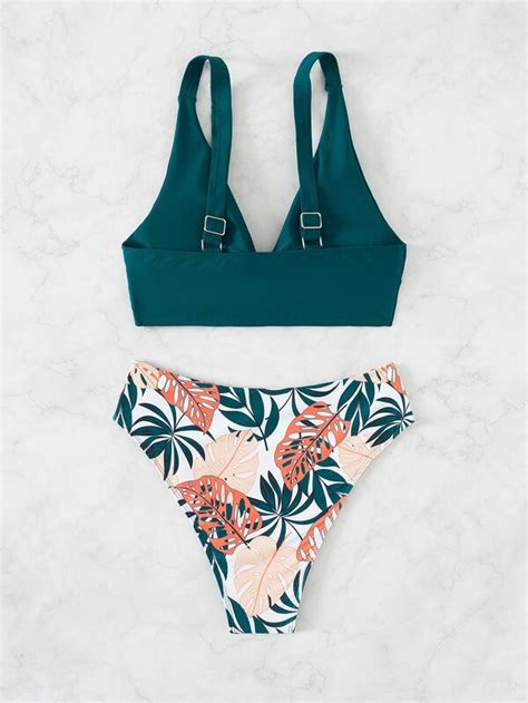 Random Tropical Print Bikini Set Twist Wireless Bra High Waist Bikini Bottom Piece Swimsuit