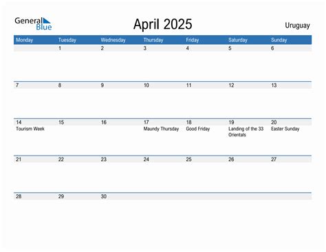 Editable April 2025 Calendar with Uruguay Holidays