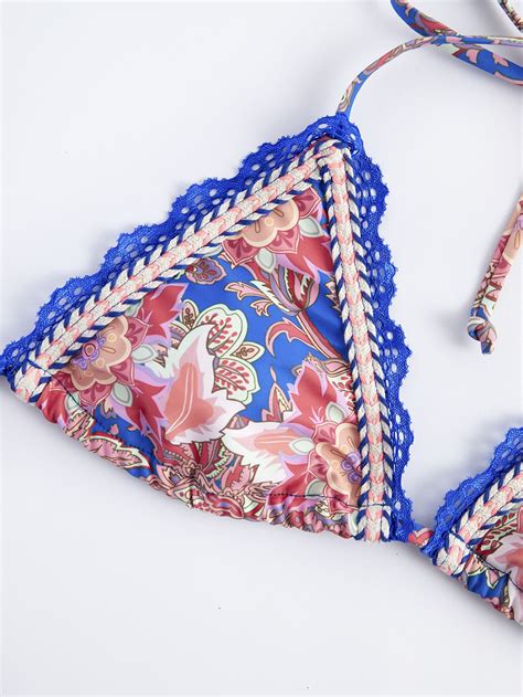 Bikinx Floral Print Bikini Set Lace Trim Crisscross Triangle Bra Top Tie Side Bikini Bottom