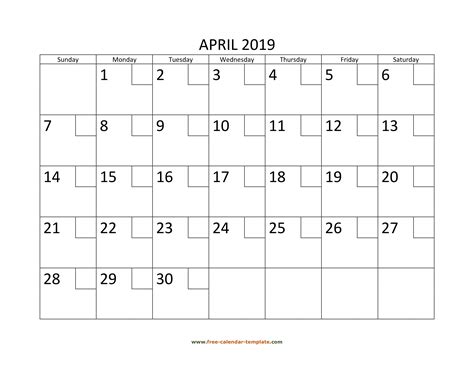 April Calendar 2019 Printable With Checkboxes Horizontal Free