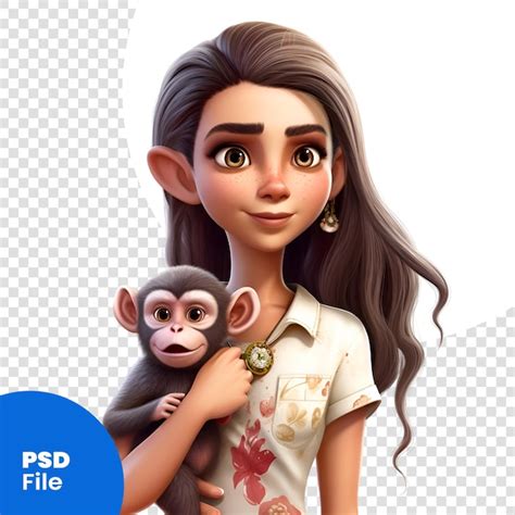 Representación digital 3d de una linda niña con un mono aislado en una