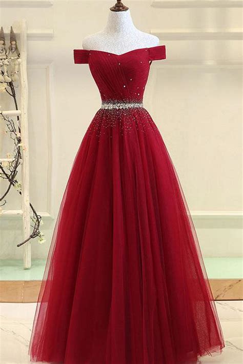 Burgundy A Line Off The Shoulder Sweetheart Prom Dresses Beads Evening