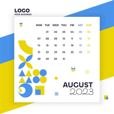 August month, poster in blue and yellow colors, geometric calendar 2023