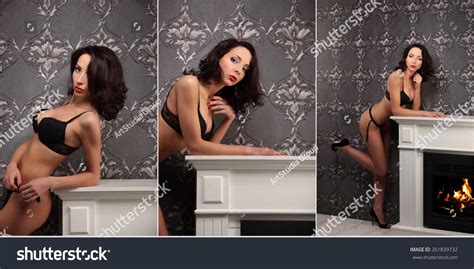 Sexy Brunette Woman Near Fireplace Posing Stock Photo 261839732 Shutterstock