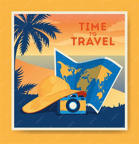 Туристический плакат с пляжем, картой и камерой | Бесплатно векторы