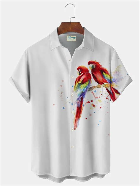 Royaura Hawaiian Parrot Print Mens Button Pocket Short Sleeve Shirt