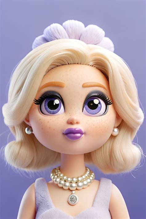 Cute Cartoon Doll With Blonde Hair Pearls Necklace And Purple Dress Stock Illustration