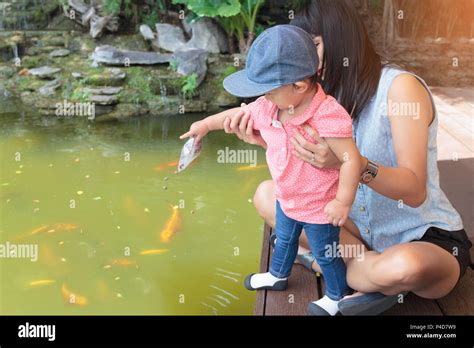 Asian beautiful mother is take care your cute baby feeding fish in