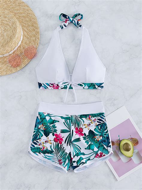 SHEIN Swim Vcay Conjunto de bikini con estampado tropical Traje de baño de 2 piezas con
