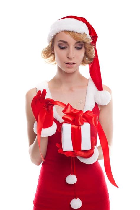 Christmas Woman With Gift Box Beautiful Blonde Girl In Santa Ha Stock