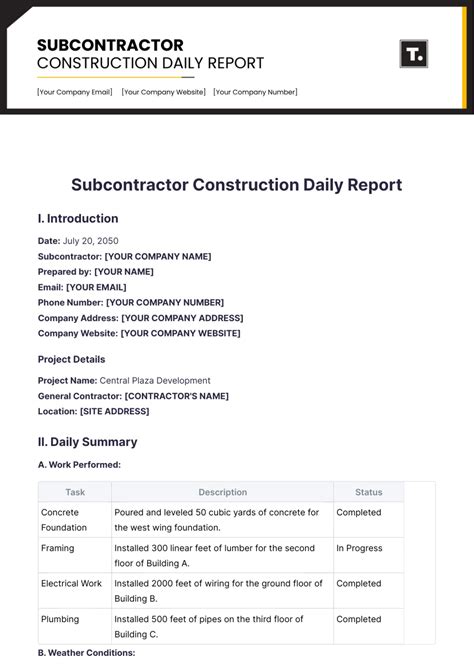 Free Subcontractor Construction Daily Report Template Edit Online