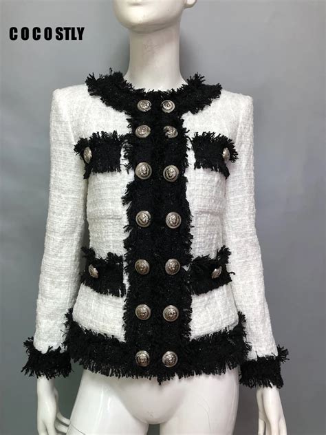 Женский элегантный Черно-белый твидовый пиджак с бахромой, двубортный ...