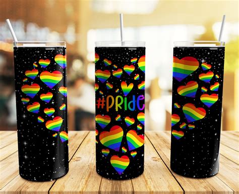Pride LGBT Tumbler Wrap PNG Hearts 20 Oz Skinny Tumbler Gay Pride Flag Rainbow Black Glitter