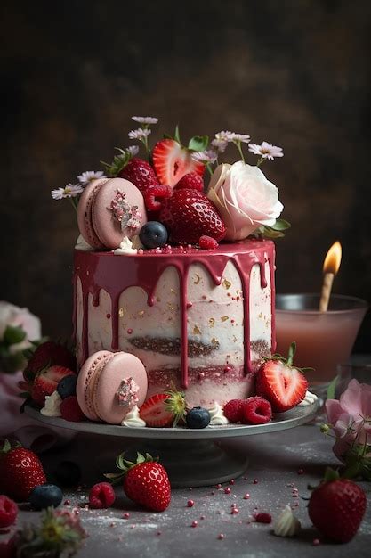 Premium Photo Naked Vanilla Cake With Strawberries Pink Macaroons And Flowers Naked Wedding Cake