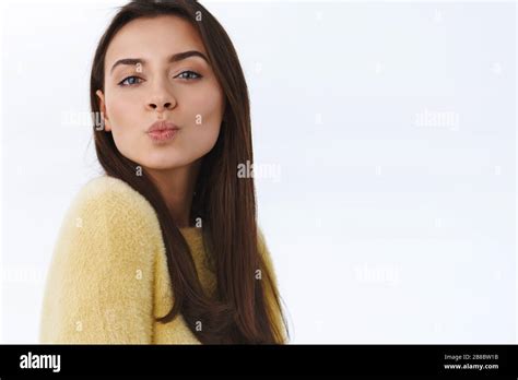 Beauty Women And Fashion Concept Alluring Cheeky Brunette Woman Sending You Air Kiss Folding