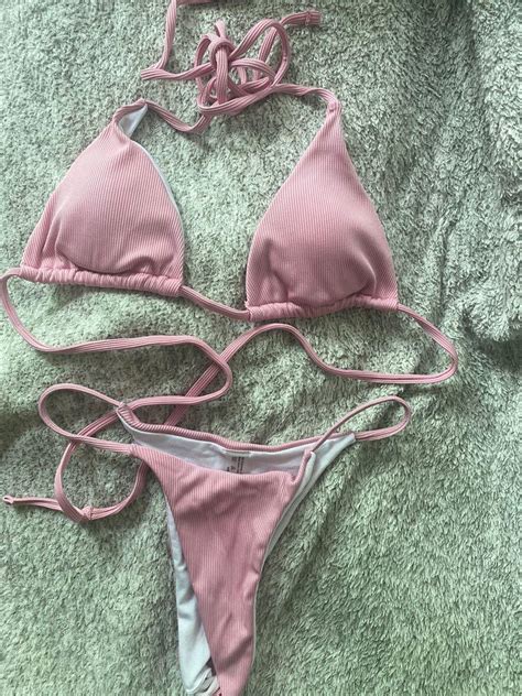 Baby Pink Triangle Bikini Set Women S Fashion Swimwear Bikinis Swimsuits On Carousell
