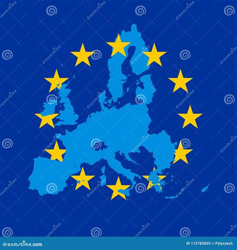 Blue Vector Map of European Union Combined with 12 Yellow Stars of EU