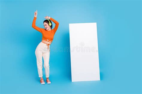 Full Body Photo Of Pretty Millennial Brunette Lady Dance Wear Headphones Shirt Pants Footwear