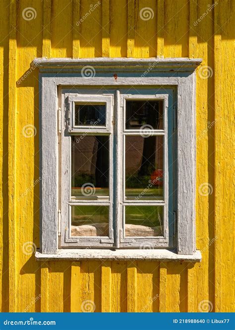 Old Aged Worn White Window Closeup Exterior View Wooden Yellow House In The Countryside Stock