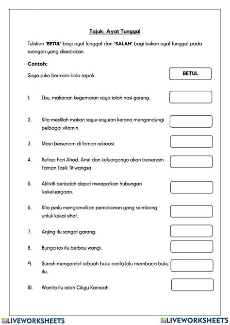 Ayat Tunggal Interactive Worksheet For Tahap 1 Live Worksheets