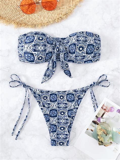 Shein Swim Bohofeel Con Estampado De Paisley Bandeau Con Cord N Lateral Ba Ador Bikini Moda De