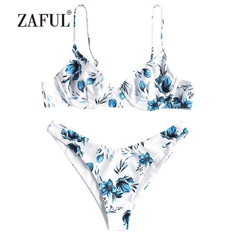 ZAFUL Push Up Bikini Flowers Pattern Women Swimsuit Swimwear Thong