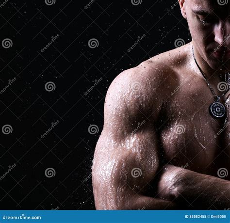 Athlete Muscular Brutal Bodybuilder Strong Male Naked Torso Posing