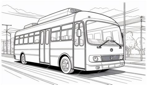 Bus Driving On Street With Trees And A Lamppost Drawing Book Coloring