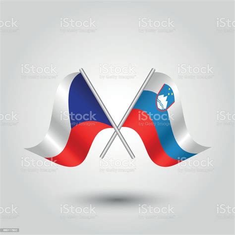 Vector Waving Simple Triangle Two Crossed Czech And Slovenian Flags On Slanted Silver Pole Stock