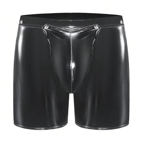 Syhzlz Men Sexy Open Crotch Shiny Leather Short Pants Button Crotchless