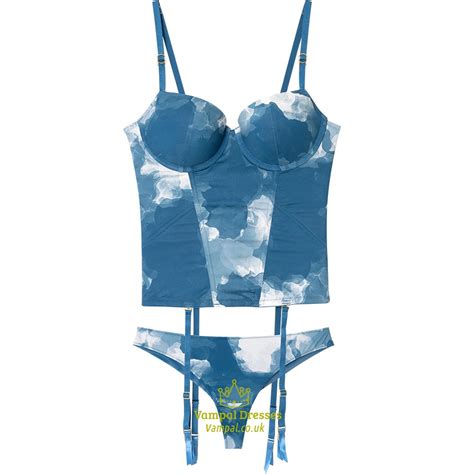 Blue Y Garter Lingerie Set Women Bra Thongs Set Glossy Print Push Up Slim Fit Underwear For