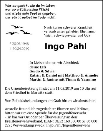 Traueranzeigen Von Ingo Pahl M Rkische Onlinezeitung Trauerportal