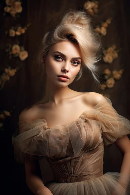 Premium Photo A Woman With Short Blonde Hair Stands In Front Of A Background Of Flowers