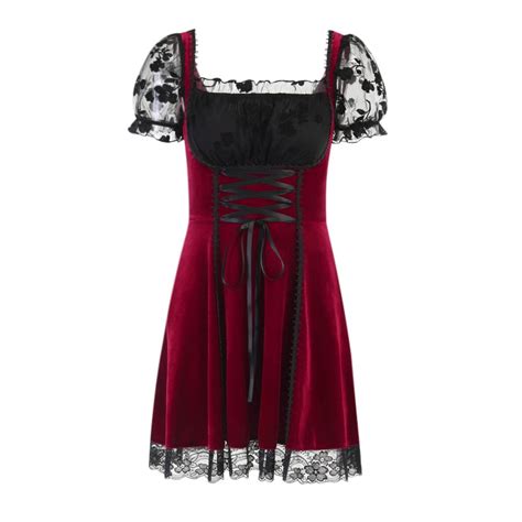 Insgoth Gothic Vintage Velvet Croset Dress Aesthetic Punk Hight Waist