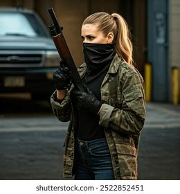 4 Ponytailed Blonde Woman With Black Satin Bandana Masking Her Face Has Royalty Free Images