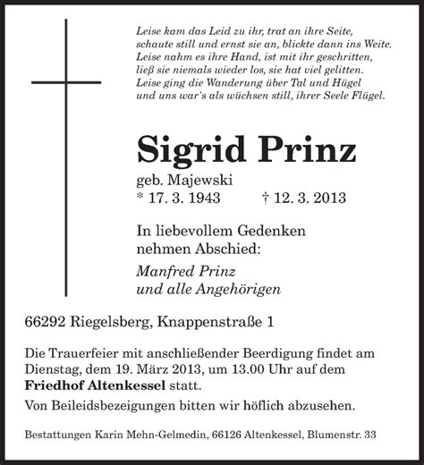 Traueranzeigen Von Sigrid Prinz Saarbruecker Zeitung Trauer De