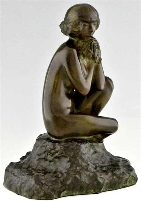 Art Deco Bronze Sculpture Seated Nude With Flowers Deconamic