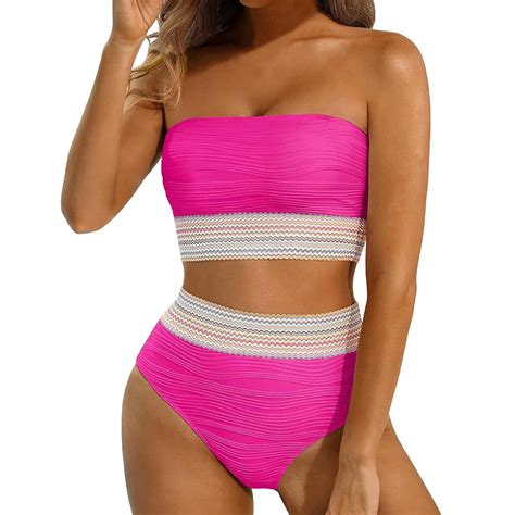 Huowey High Waisted Bandeau Bikini Set Women Strapless Pcs Swimsuits Ribbed Longline Full