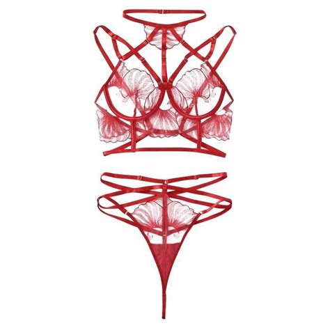 Ensemble Brassiere Et String Tanga Avec Porte Jarretelle Pyjama En Dentelle Satin Lingerie Femme