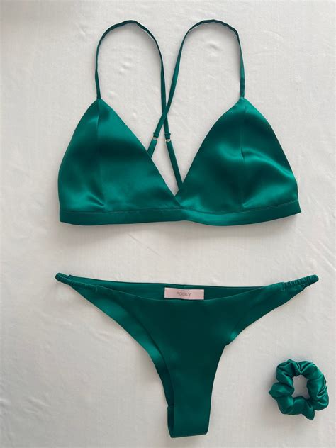 Emerald Silk Lingerie Set Silk Bralette Thong Silk Satin Bra Brief Intimates Classy