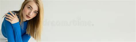 Pretty Blonde Woman In Blue Long Stock Photo Image Of Banner Stylish 264028150