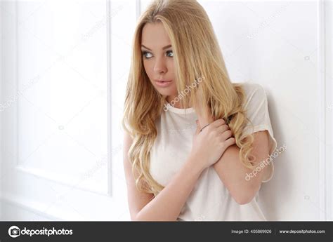 Beautiful Cute Blonde White Background Stock Photo Racool Studio 405869926
