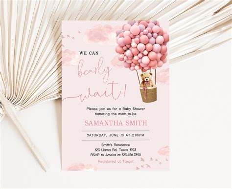 Editable Pink Hot Air Balloon Bear Baby Shower Invitation We Can Bearly Wait Baby Shower Invite