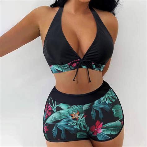 Bonixoom Womens Swimsuits Halter Elastic Floral Bikinis Bikini Summer Swimwears On Clearance