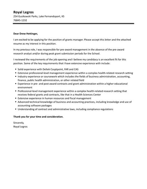 Grants Manager Cover Letter Velvet Jobs