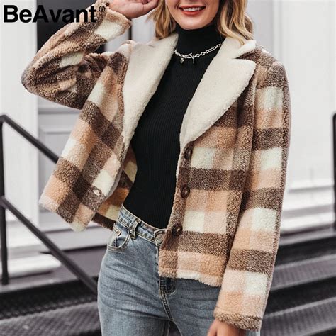 BeAvant повседневное клетчатое Женское пальто из искусственного меха ...
