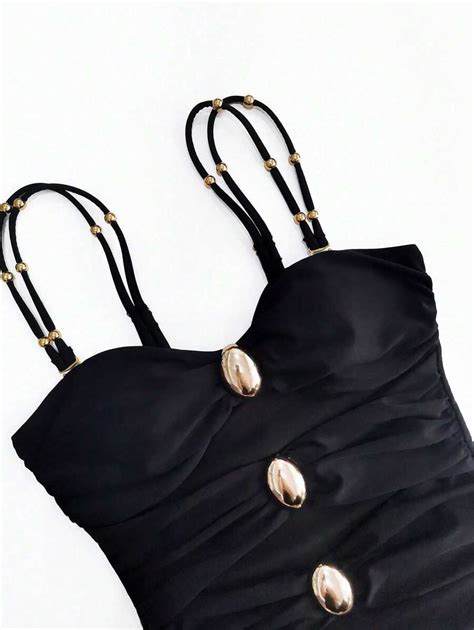 Sexy One Piece Swimsuit Color Blocking Halter Bikini With Metal Clasp Design SHEIN USA