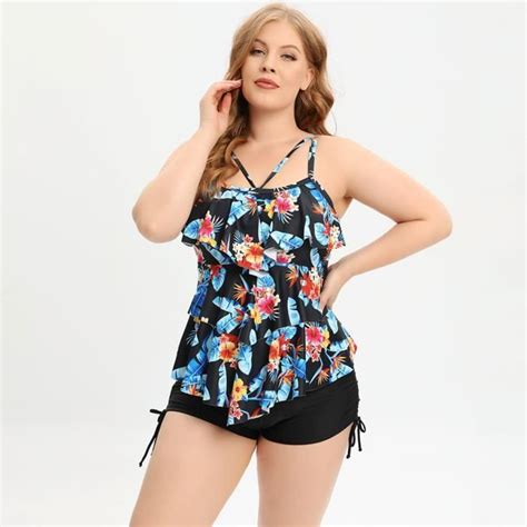 Maillots de Bain Femmes 2 Pieces à Volants Vintage Plage Floral Slim Bikini Set Noir Noir