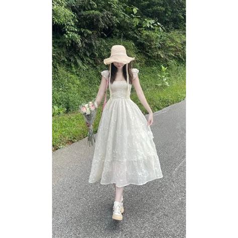 Hion Store Đầm midi hoa nude tay tiên Shopee Việt Nam