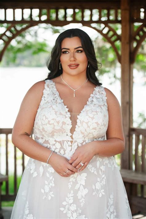 Semi Sheer Floral Plunging Plus Size A Line Wedding Dress